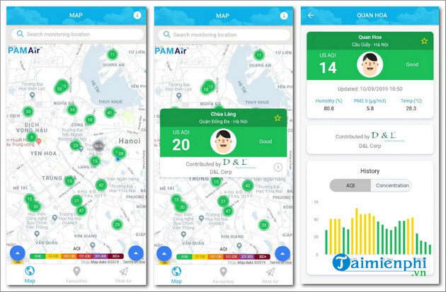 Ứng dụng theo dõi chất lượng không khí PAM Air