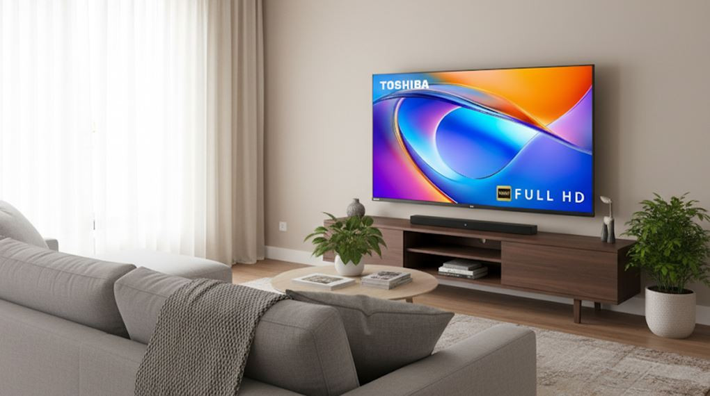 Smart Tivi Toshiba 32 inch 32V35RP đặt gọn gàng trong không gian phòng ngủ.