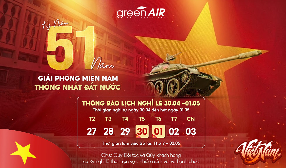 Green Air Thông báo Lịch nghỉ lễ 30/04 - 01/05 tới Quý khách hàng