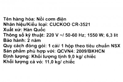 Nồi cơm điện Cuckoo 6.3 lít CR-3521/BKSTVNCV