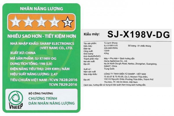 Tủ Lạnh Sharp Inverter 198 Lít SJ-X198V-DG