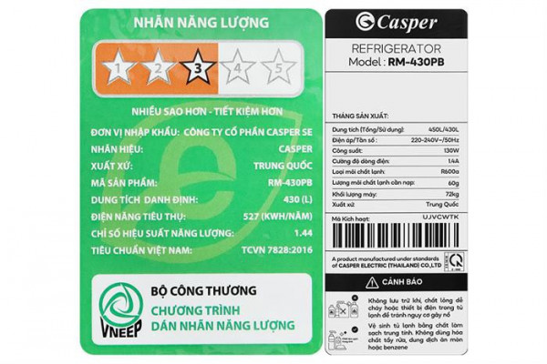 Tủ Lạnh Casper 4 cánh Inverter 430 Lít RM-430PB