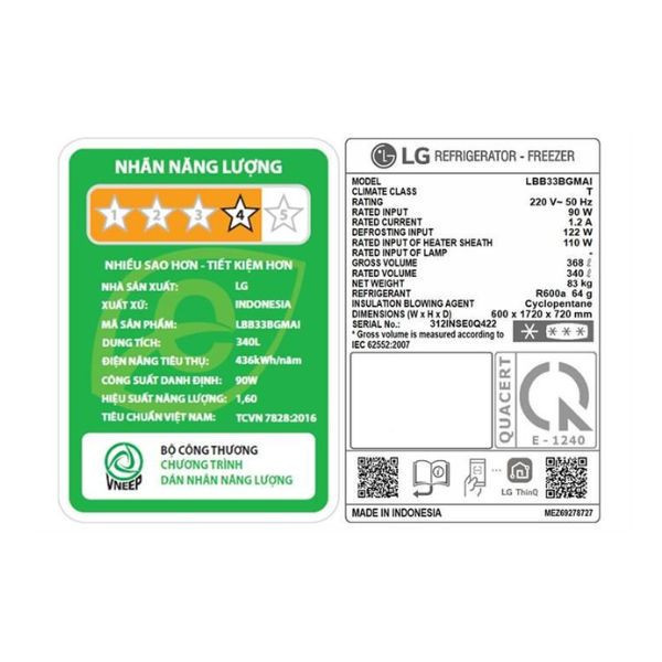 Tủ lạnh LG Inverter 340 lít InstaView LBB33BGMAI