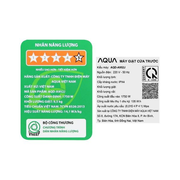 Máy giặt Aqua Inverter 9.5 kg AQD-A952J.BK Lồng ngang