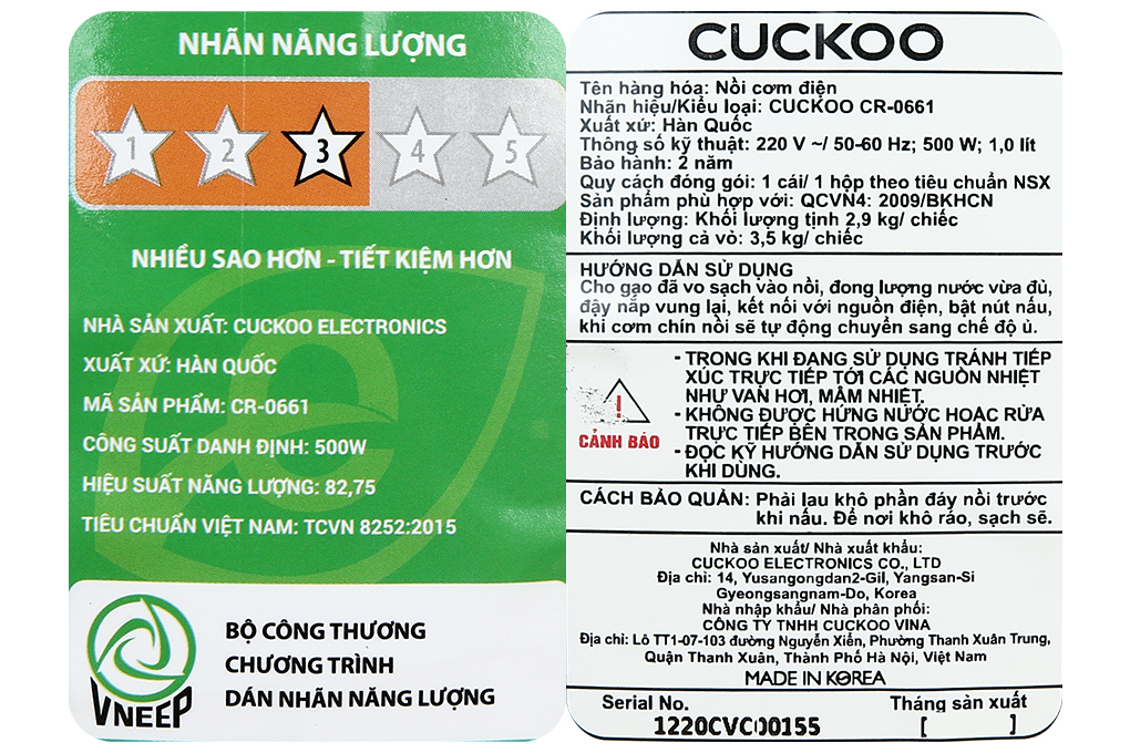 Nồi cơm nắp gài Cuckoo 1 lít CR-0661/GRVNCV