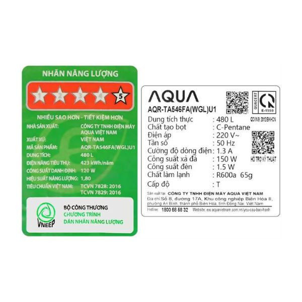Tủ lạnh Aqua Inverter 480 lít AQR-TA546FA(WGL)U1