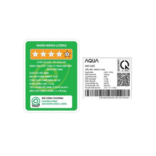 Máy giặt Aqua 7.2 kg AWM72-316K(S) Lồng đứng