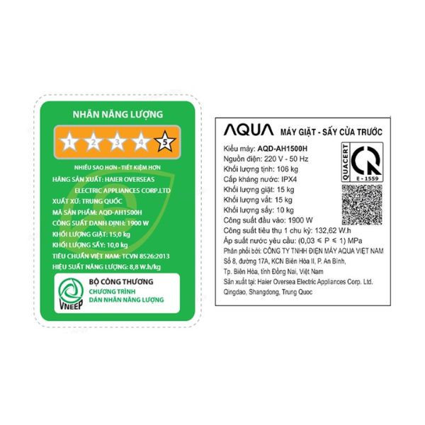 Máy giặt sấy Aqua Inverter giặt 15 kg sấy 10kg AQD-AH1500H.PS